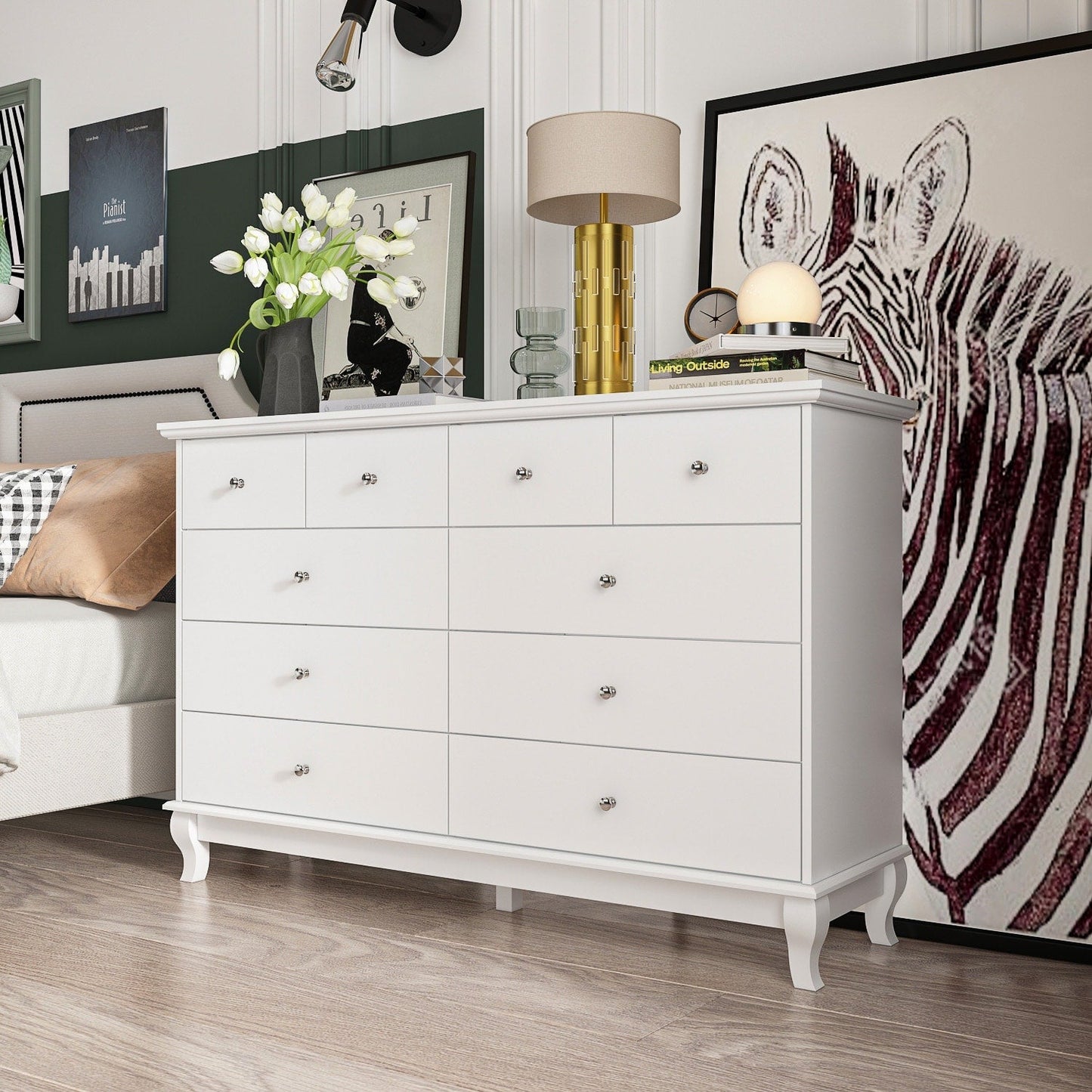10 Drawer Double Dresser for Bedroom White Dresser Wide Storage