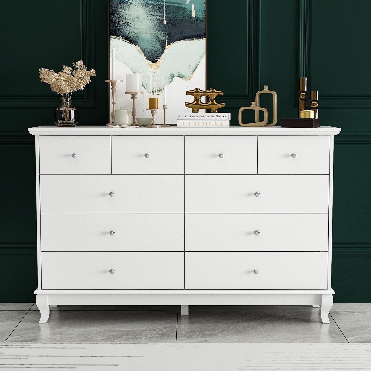 10 Drawer Double Dresser for Bedroom White Dresser Wide Storage