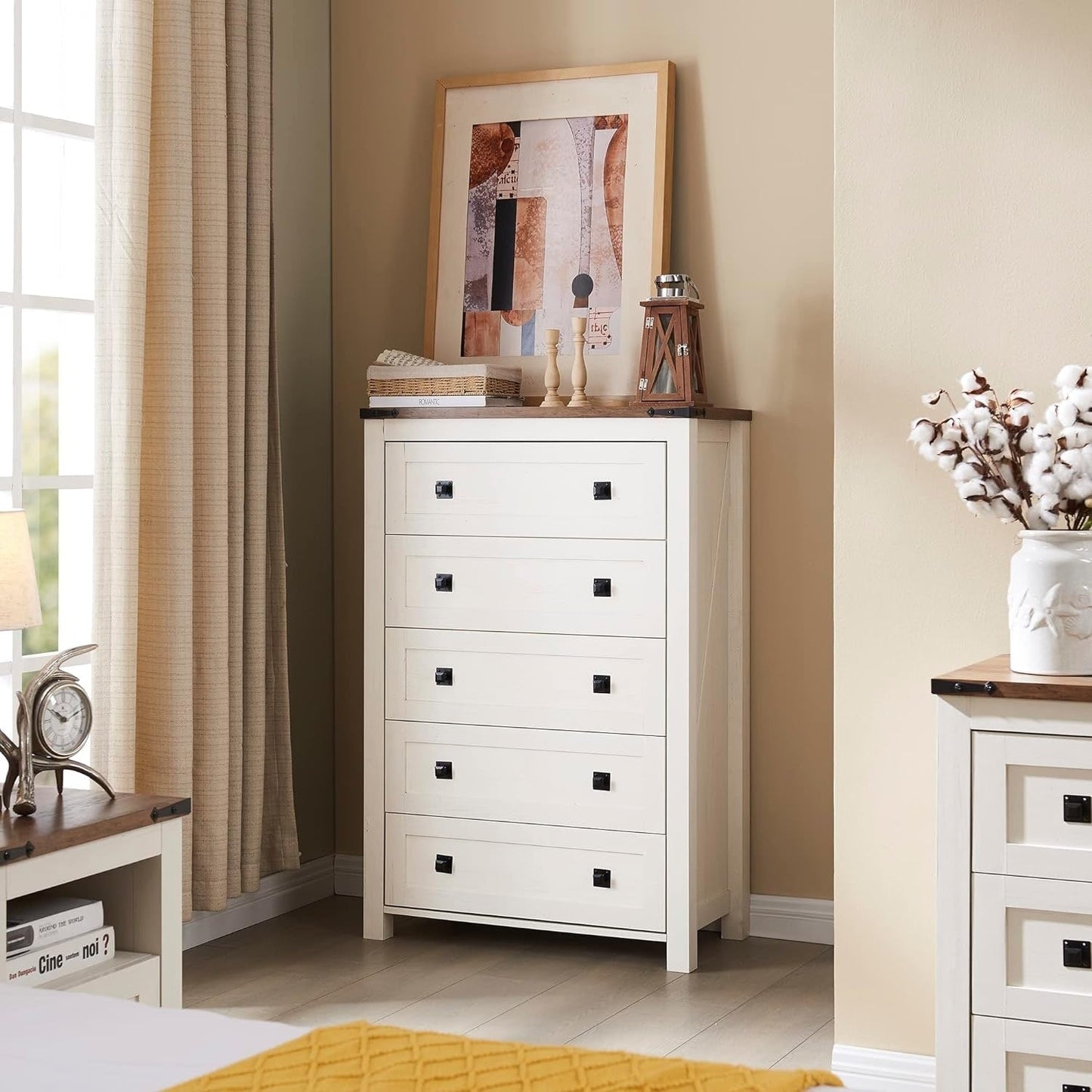 48 Tall Farmhouse 5 Drawer Wood Dresser, Chest of Drawers for Bedroom