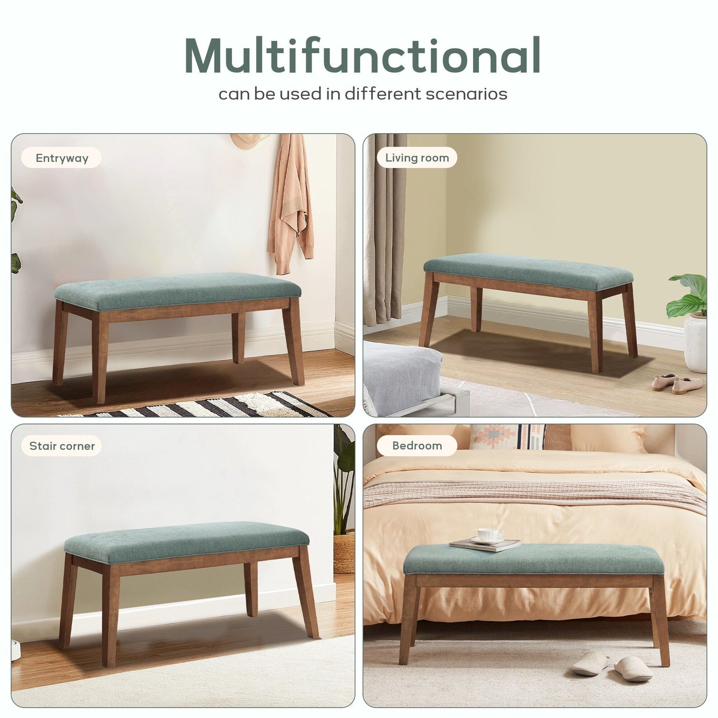 Upholstered Fabric Entryway Bench, Bedroom Bench for End of Bed Beige, Solid Wood 44-inch