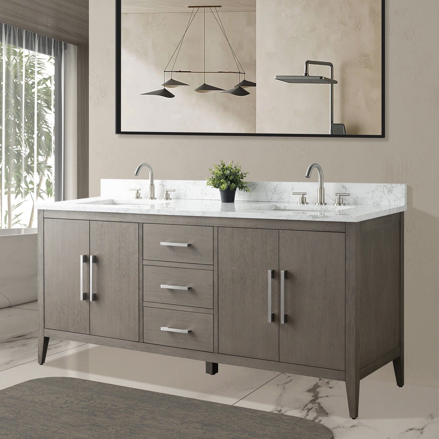 Vanity Art 72 Double Sink Bathroom Vanity Cabinet with Engineered Marble Top