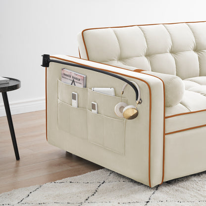 Velvet Convertible 55'' 2-Seater Sleeper Sofa with Pull-Out Bed, Adjustable Recline, Side Pockets, and Phone Holder