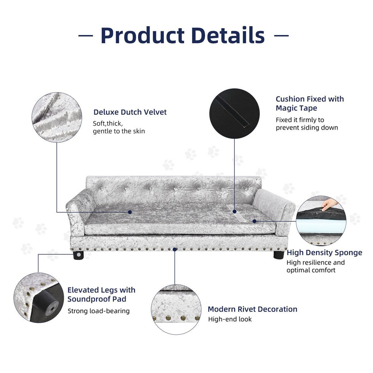 Velvet Tufted Couch Pet Bed Upholstered with Removable Cushion