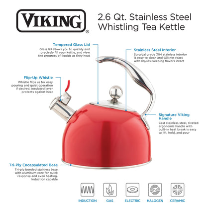 Viking 2.6-Quart Red Stainless Steel Whistling Kettle with 3-Ply Base