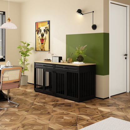 Wooden Double Dog Crate Kennel Furniture with 2 Drawers & Divider