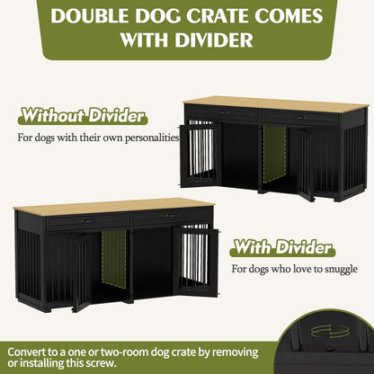 Wooden Double Dog Crate Kennel Furniture with 2 Drawers & Divider