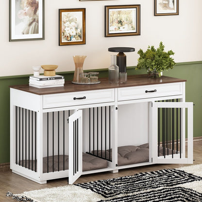 Wooden Double Dog Crate Kennel Furniture with 2 Drawers & Divider