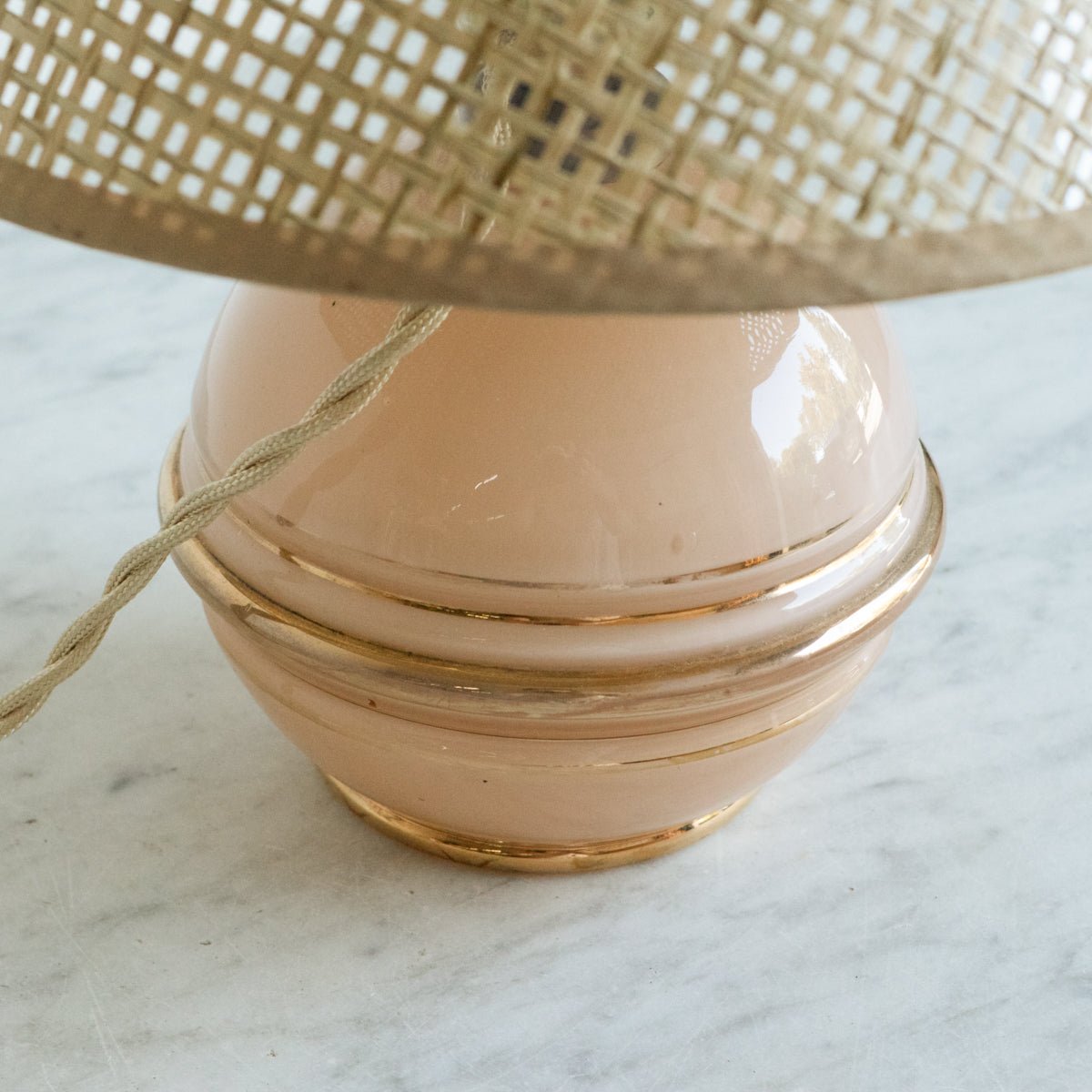 Pink Glass Lamp with Woven Shade