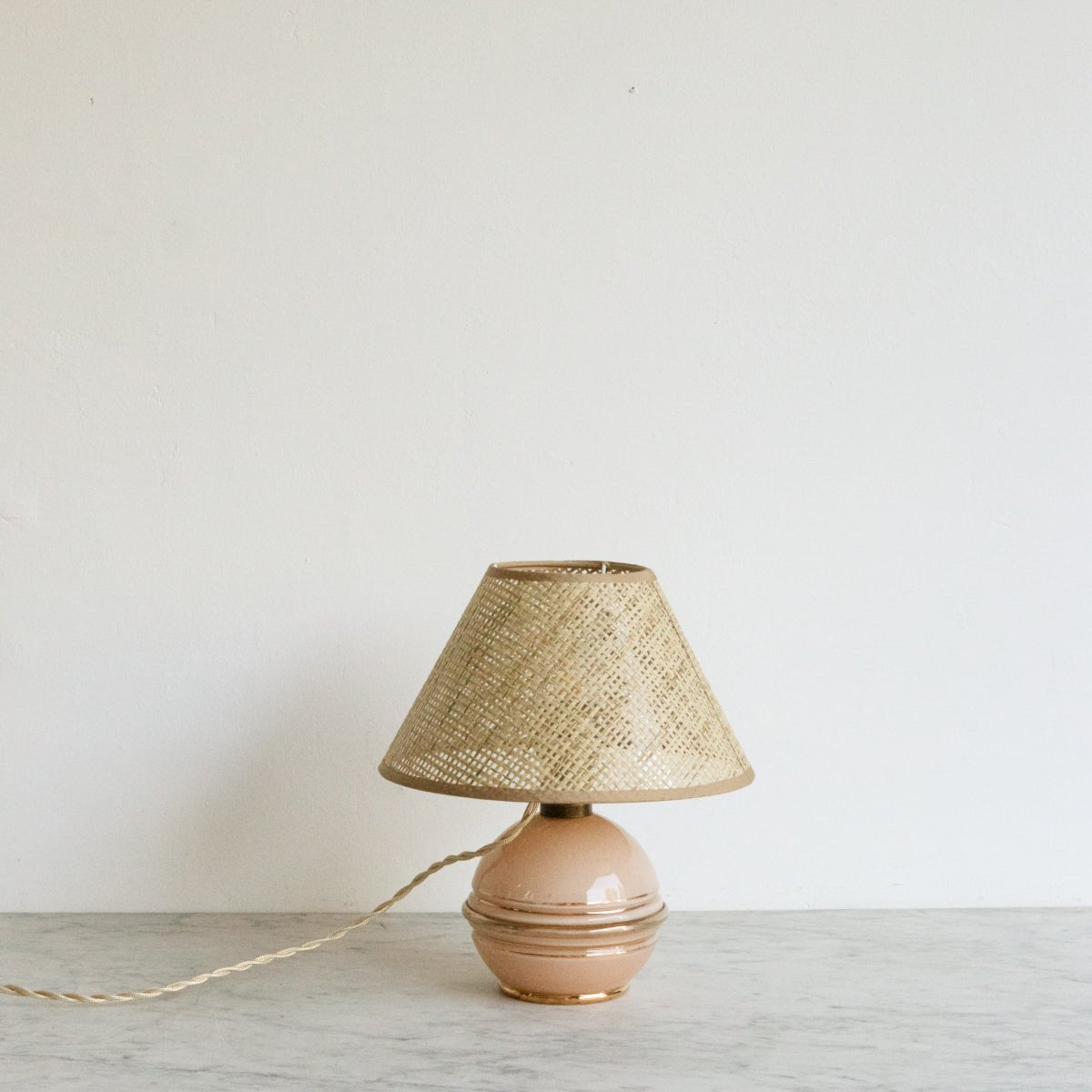 Pink Glass Lamp with Woven Shade