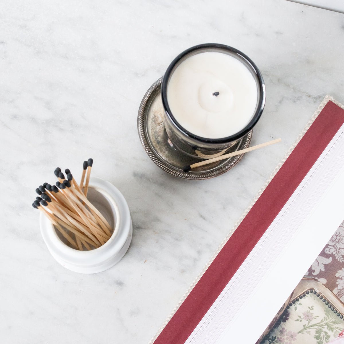 Scented Candle with Silver Wine Coaster and Porcelain Match Caddy