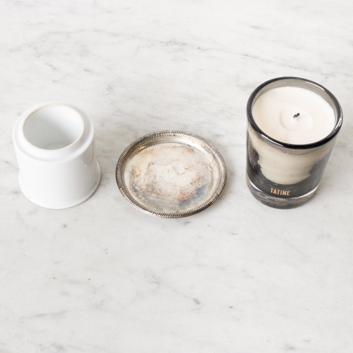 Scented Candle with Silver Wine Coaster and Porcelain Match Caddy