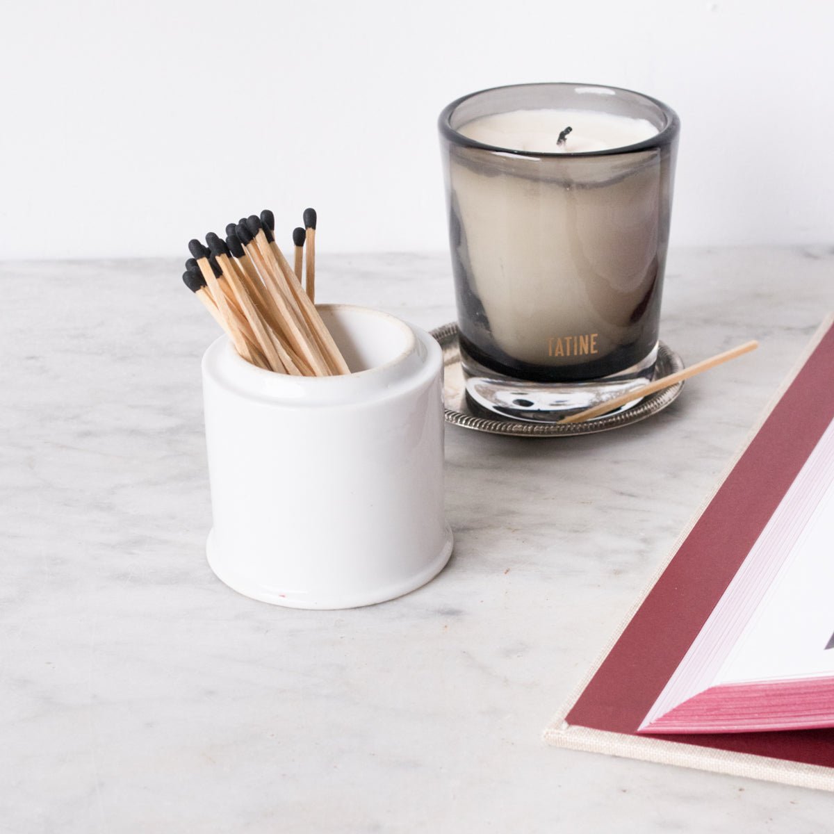 Scented Candle with Silver Wine Coaster and Porcelain Match Caddy