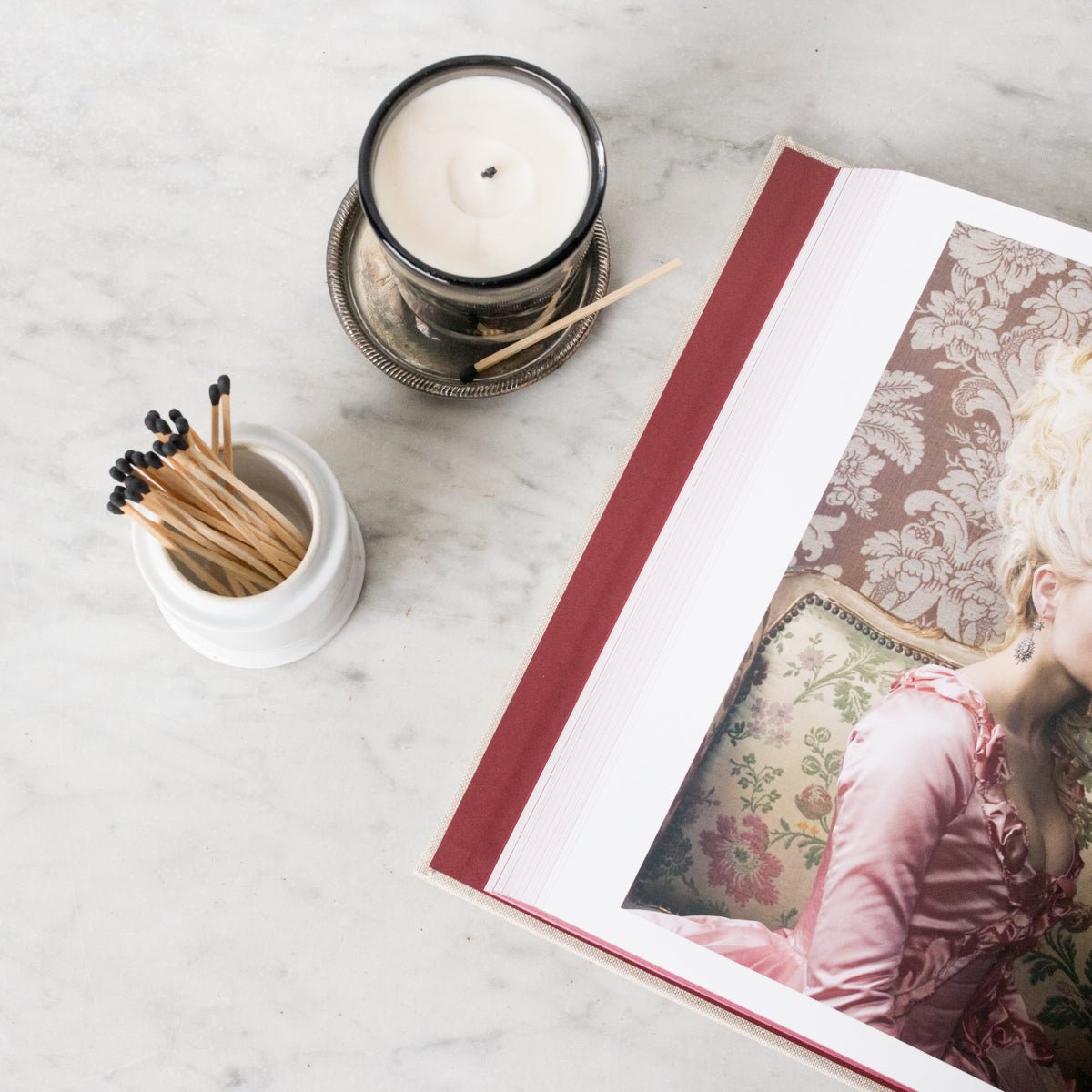 Scented Candle with Silver Wine Coaster and Porcelain Match Caddy