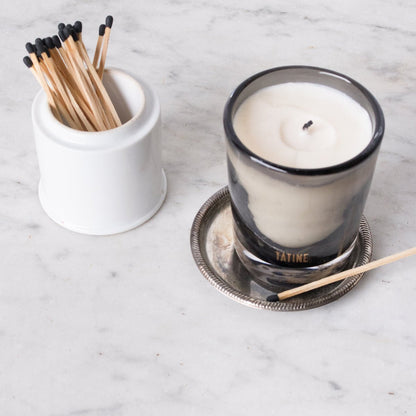 Scented Candle with Silver Wine Coaster and Porcelain Match Caddy